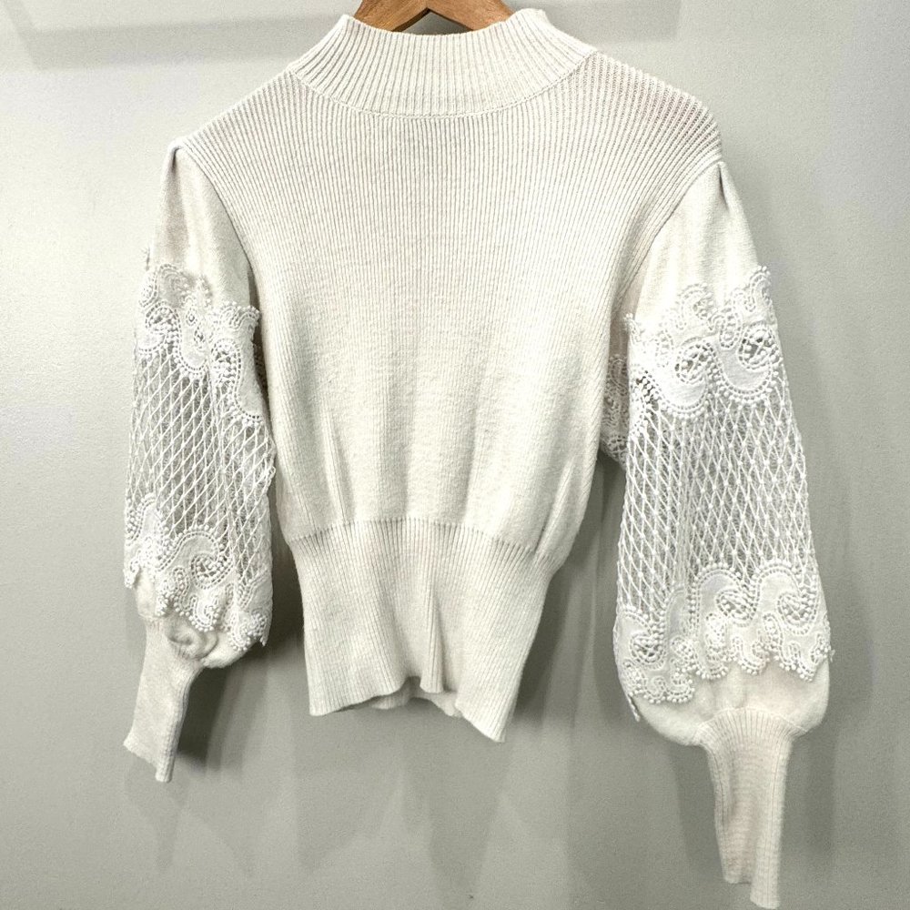 LULU'S White Mock Neck Lace Sleeve Sweater - XS